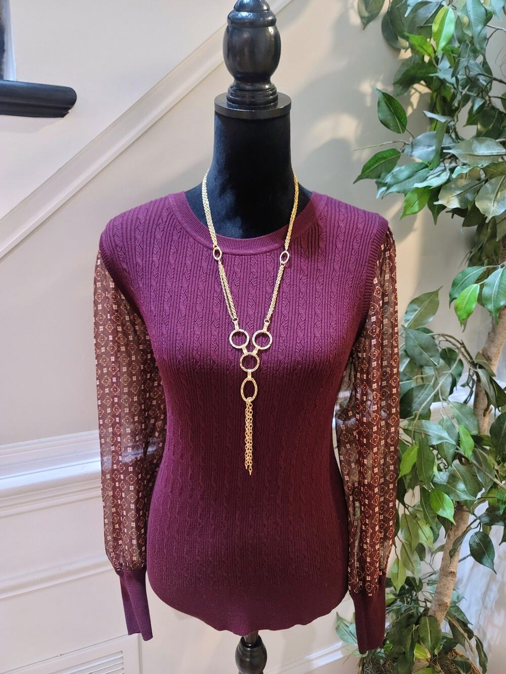 Talbots Cable Knit Sweater Women's Medium Burgundy Ribbed Hem Sheer Long Sleeve